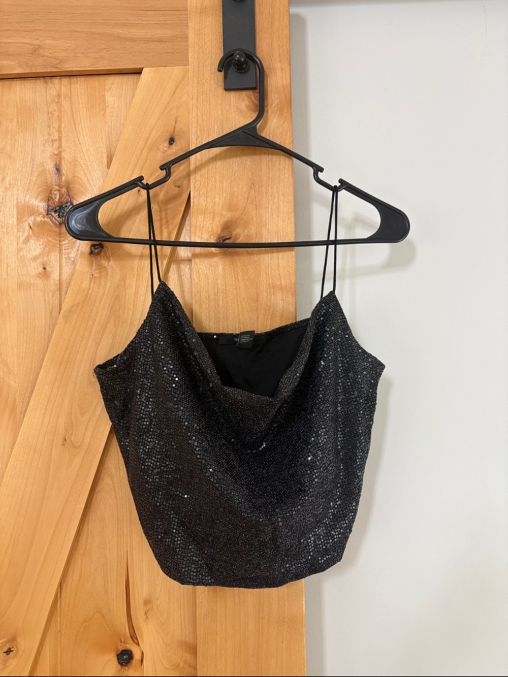 Black Sequin Cowl Neck Crop